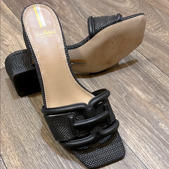 GU Sam Edelman Waylon Leather and Raffia Double E Detail Slide Sandals 9 - Picture 2 of 13